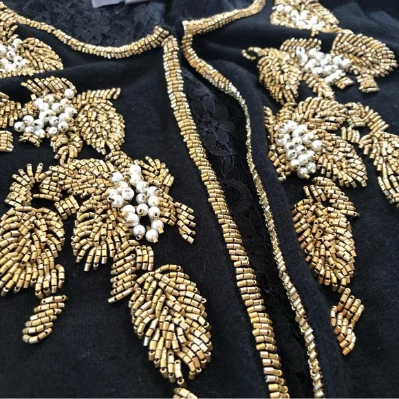 Twenty One Black Beaded Cardigan Sweater Women’s L Gold Beads Pearls Lace Lining - Picture 9 of 15